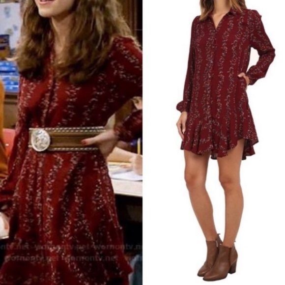 Free People burgundy floral long sleeve button down shirtdress with pockets, XS - Picture 4 of 14